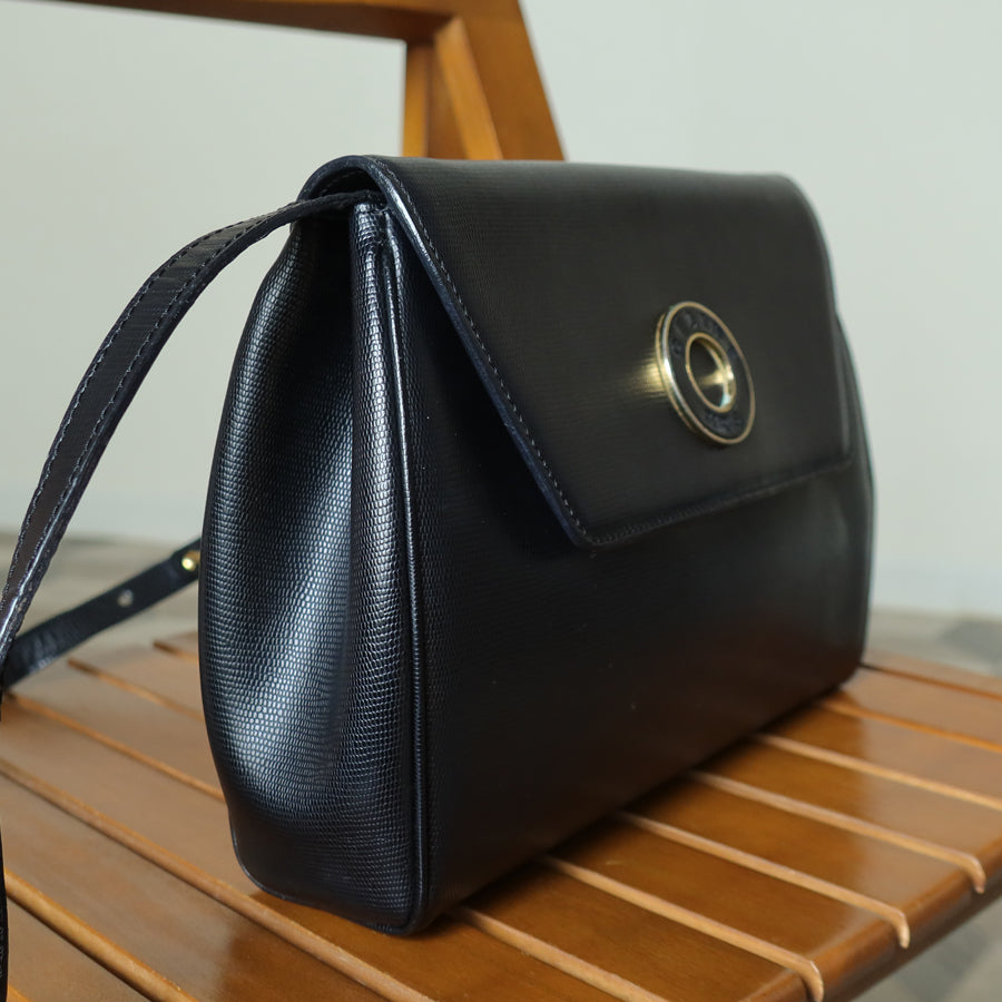 Celine Vintage Black Leather Celine Ring Logo Crossbody Shoulder Bag