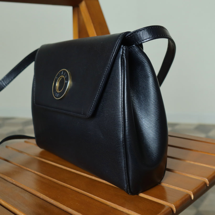 Celine Vintage Black Leather Celine Ring Logo Crossbody Shoulder Bag