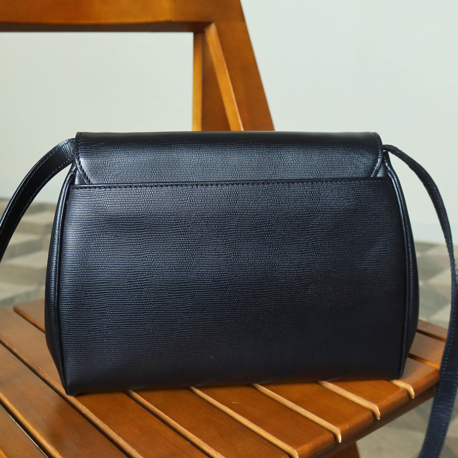 Celine Vintage Black Leather Celine Ring Logo Crossbody Shoulder Bag