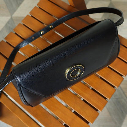 Celine Vintage Black Leather Celine Ring Logo Crossbody Shoulder Bag