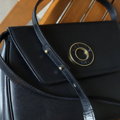Celine Vintage Black Leather Celine Ring Logo Crossbody Shoulder Bag
