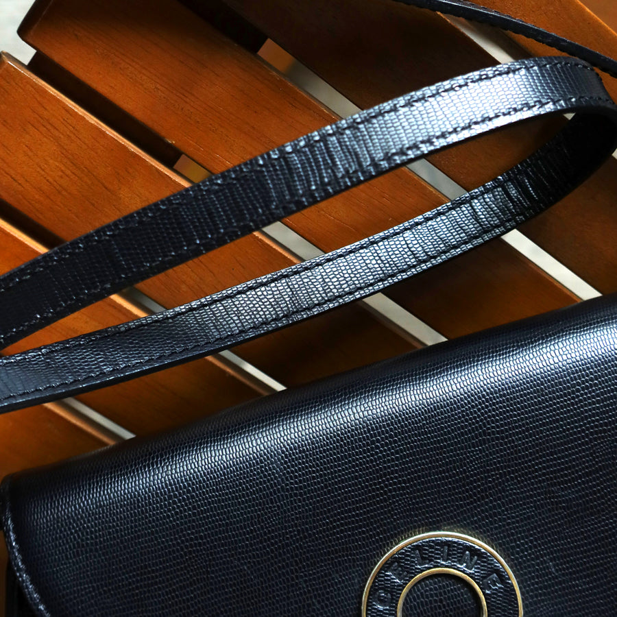 Celine Vintage Black Leather Celine Ring Logo Crossbody Shoulder Bag