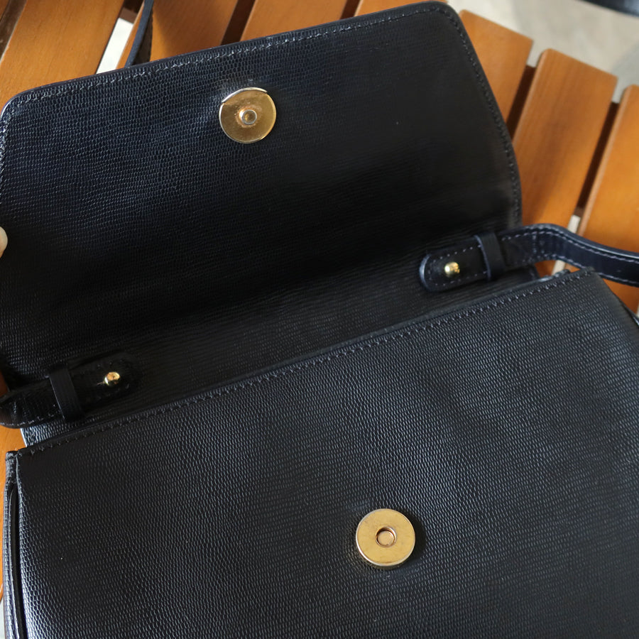 Celine Vintage Black Leather Celine Ring Logo Crossbody Shoulder Bag