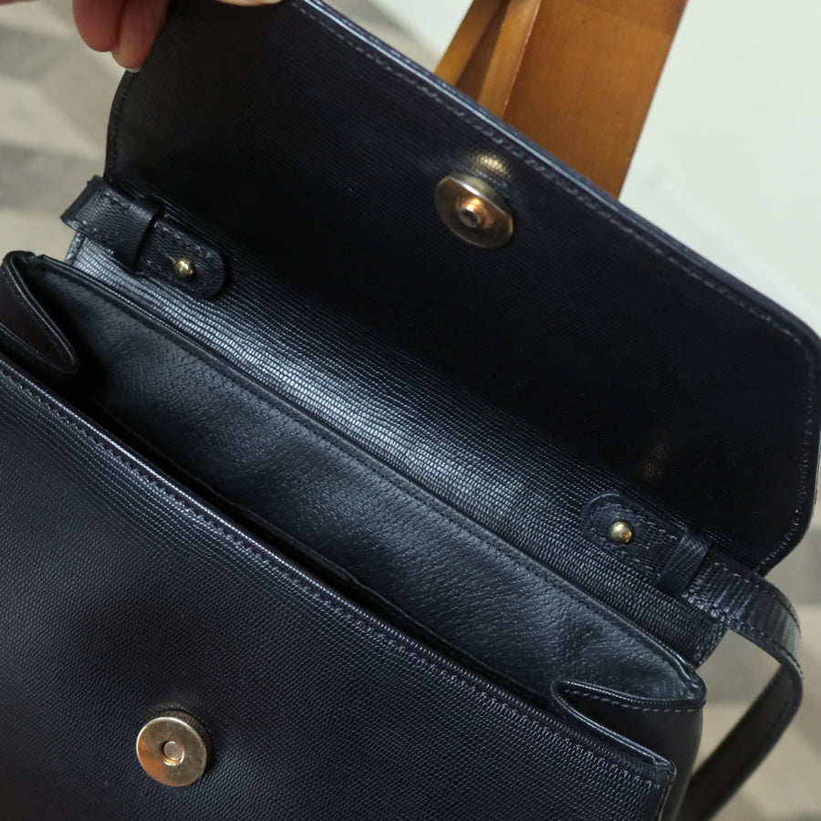 Celine Vintage Black Leather Celine Ring Logo Crossbody Shoulder Bag