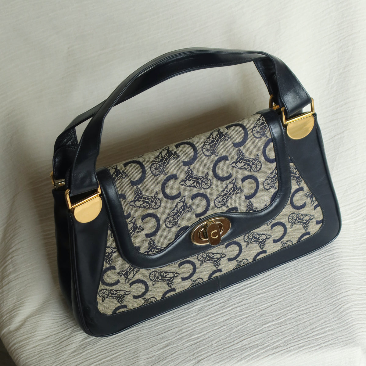 Celine Vintage Dark Navy Triomphe Horse Carriage C Sulky Top Handle Hand Bag