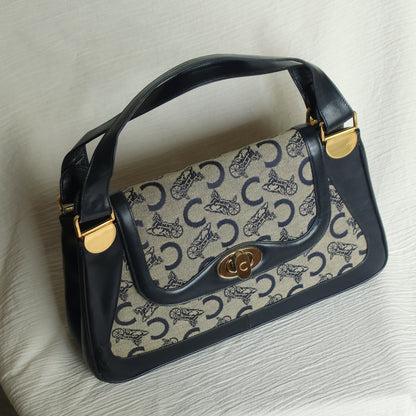 Celine Vintage Dark Navy Triomphe Horse Carriage C Sulky Top Handle Hand Bag