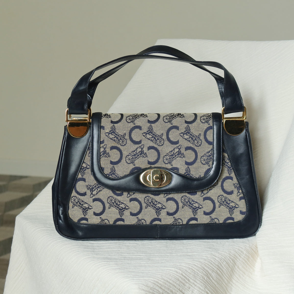 Celine Vintage Dark Navy Triomphe Horse Carriage C Sulky Top Handle Hand Bag