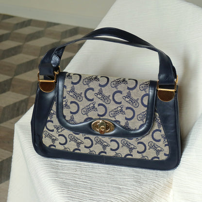 Celine Vintage Dark Navy Triomphe Horse Carriage C Sulky Top Handle Hand Bag