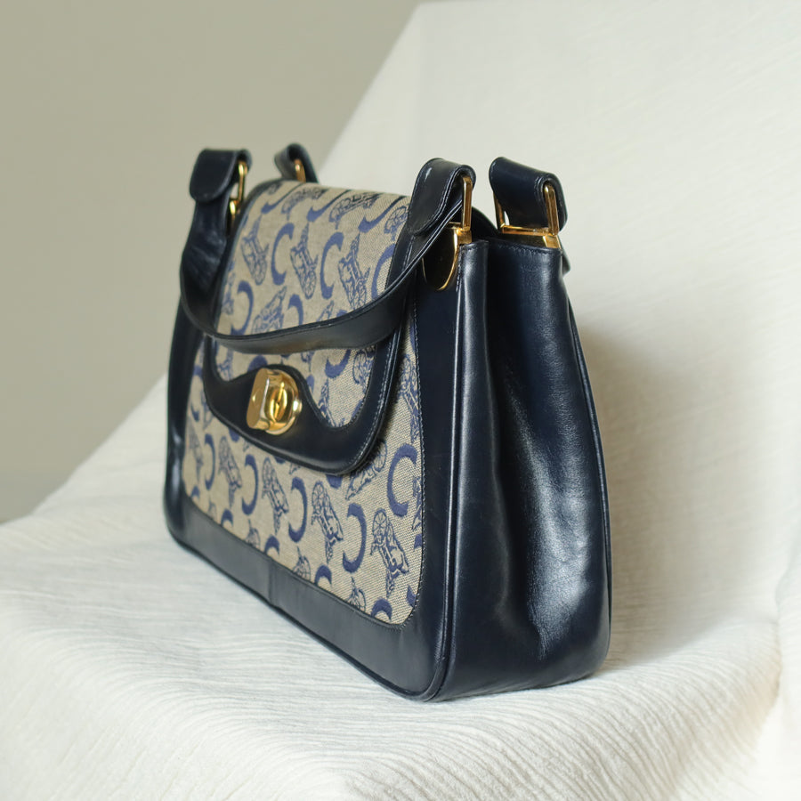 Celine Vintage Dark Navy Triomphe Horse Carriage C Sulky Top Handle Hand Bag