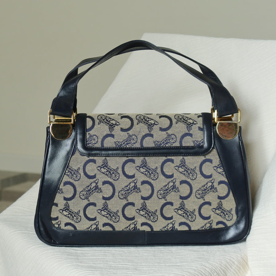 Celine Vintage Dark Navy Triomphe Horse Carriage C Sulky Top Handle Hand Bag