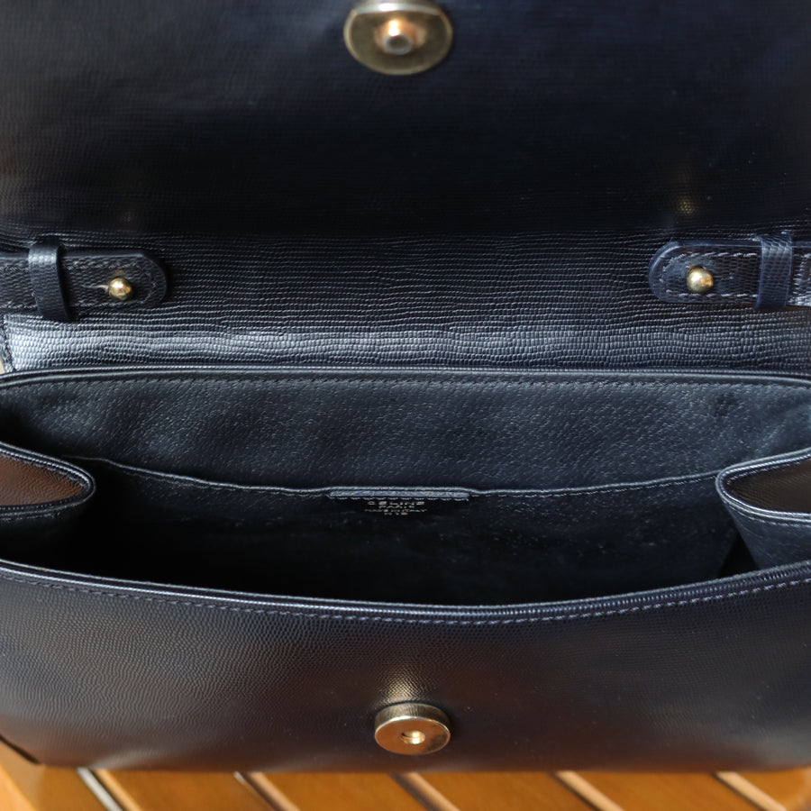 Celine Vintage Black Leather Celine Ring Logo Crossbody Shoulder Bag