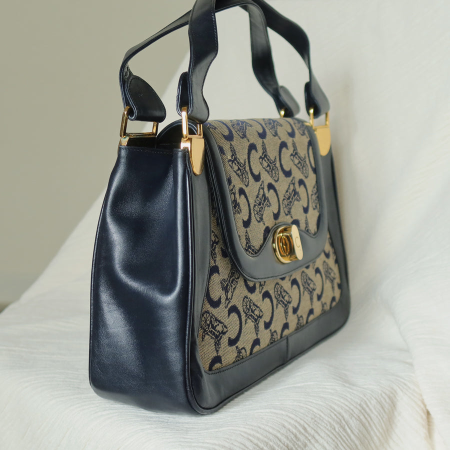 Celine Vintage Dark Navy Triomphe Horse Carriage C Sulky Top Handle Hand Bag