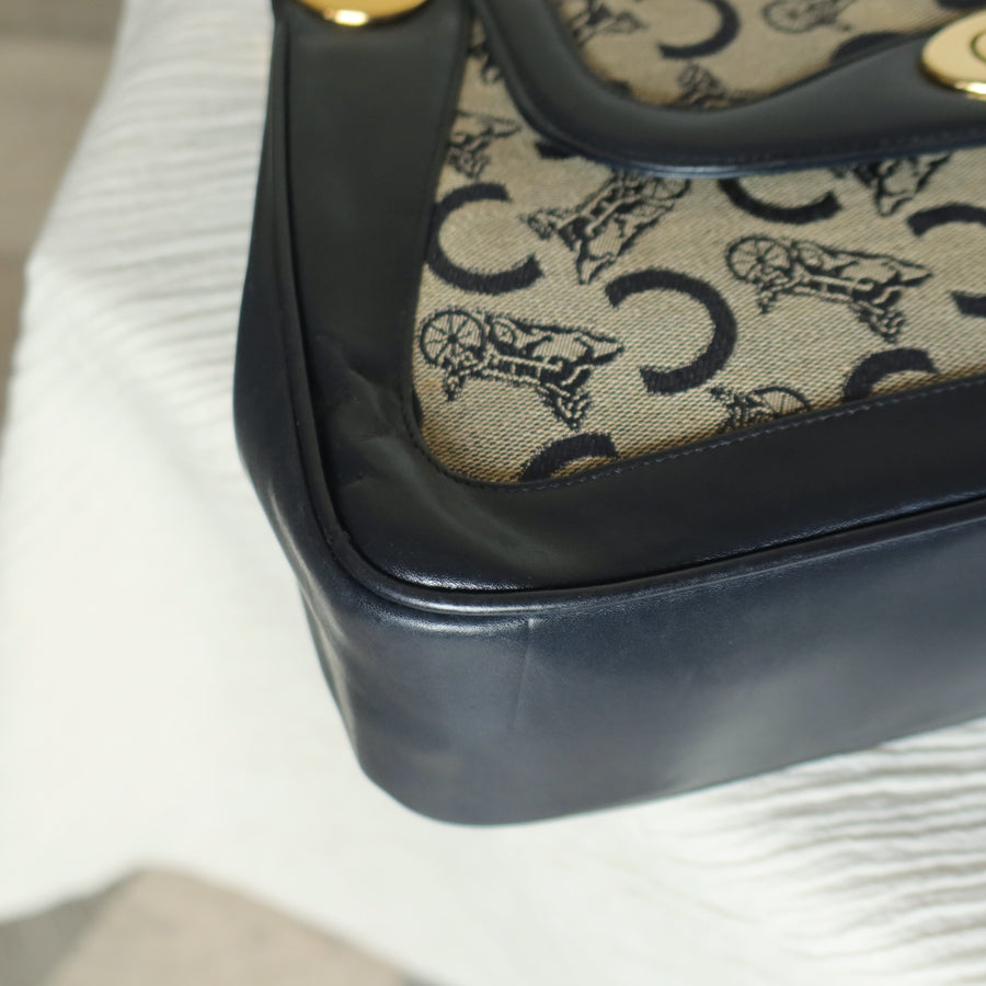 Celine Vintage Dark Navy Triomphe Horse Carriage C Sulky Top Handle Hand Bag