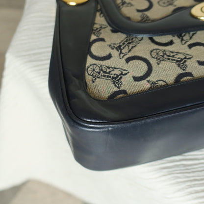 Celine Vintage Dark Navy Triomphe Horse Carriage C Sulky Top Handle Hand Bag