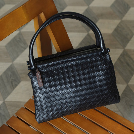 Bottega Veneta Vintage Black Leather Intrecciato Weave Top Handle Bag