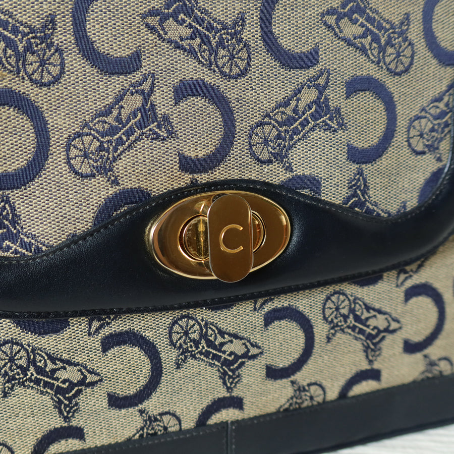 Celine Vintage Dark Navy Triomphe Horse Carriage C Sulky Top Handle Hand Bag