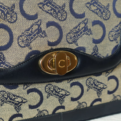 Celine Vintage Dark Navy Triomphe Horse Carriage C Sulky Top Handle Hand Bag