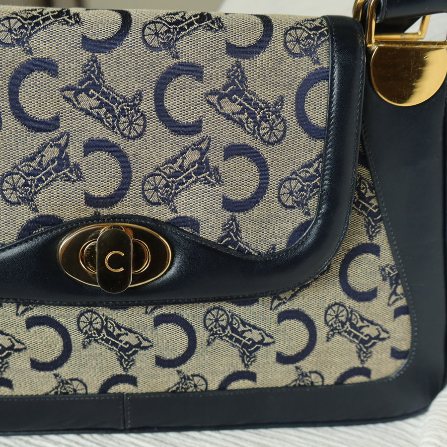 Celine Vintage Dark Navy Triomphe Horse Carriage C Sulky Top Handle Hand Bag
