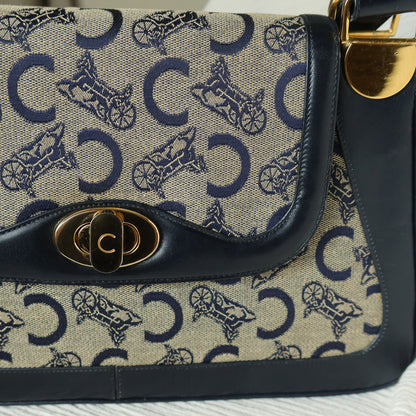 Celine Vintage Dark Navy Triomphe Horse Carriage C Sulky Top Handle Hand Bag
