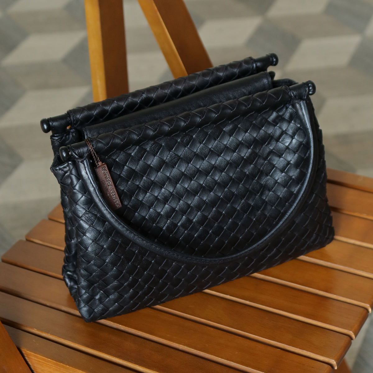 Bottega Veneta Vintage Black Leather Intrecciato Weave Top Handle Bag