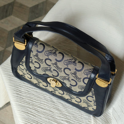 Celine Vintage Dark Navy Triomphe Horse Carriage C Sulky Top Handle Hand Bag