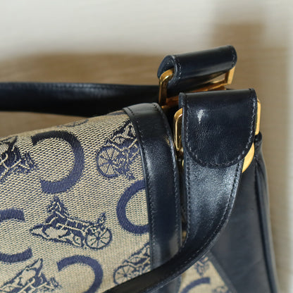 Celine Vintage Dark Navy Triomphe Horse Carriage C Sulky Top Handle Hand Bag