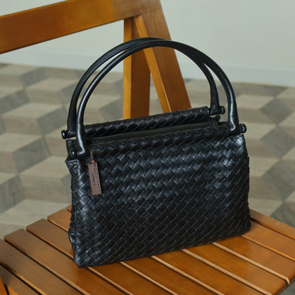 Bottega Veneta Vintage Black Leather Intrecciato Weave Top Handle Bag