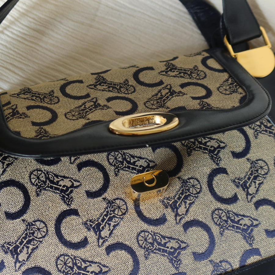 Celine Vintage Dark Navy Triomphe Horse Carriage C Sulky Top Handle Hand Bag