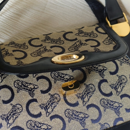 Celine Vintage Dark Navy Triomphe Horse Carriage C Sulky Top Handle Hand Bag