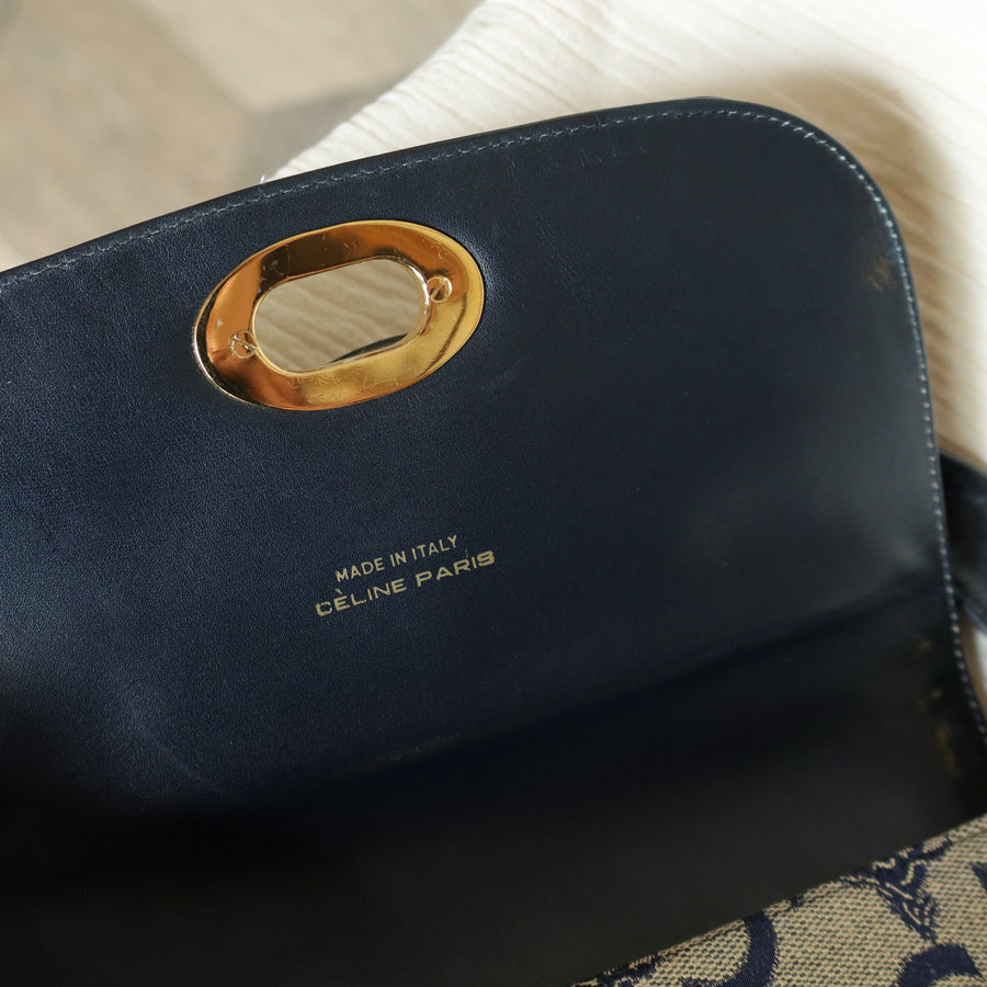 Celine Vintage Dark Navy Triomphe Horse Carriage C Sulky Top Handle Hand Bag