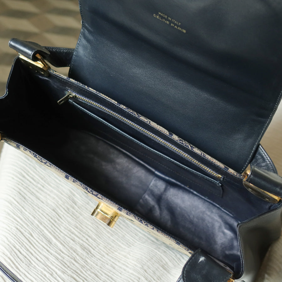 Celine Vintage Dark Navy Triomphe Horse Carriage C Sulky Top Handle Hand Bag