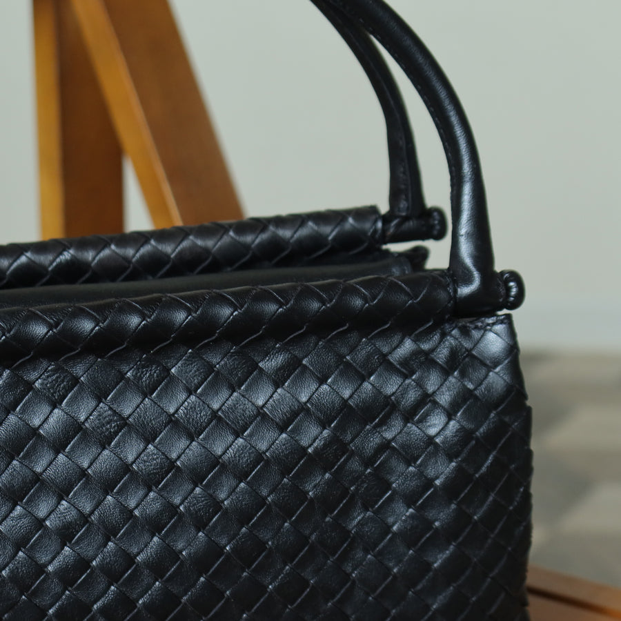 Bottega Veneta Vintage Black Leather Intrecciato Weave Top Handle Bag