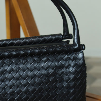Bottega Veneta Vintage Black Leather Intrecciato Weave Top Handle Bag