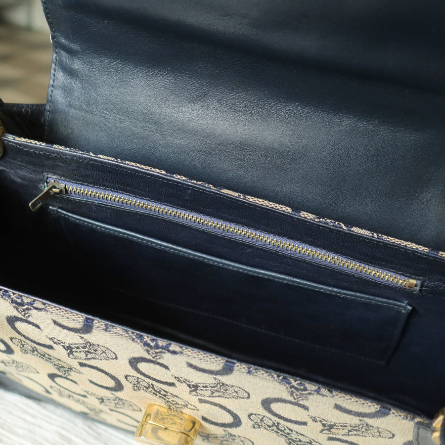 Celine Vintage Dark Navy Triomphe Horse Carriage C Sulky Top Handle Hand Bag