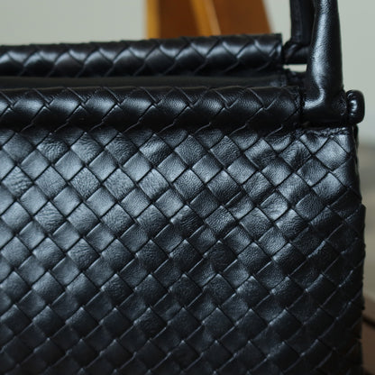 Bottega Veneta Vintage Black Leather Intrecciato Weave Top Handle Bag