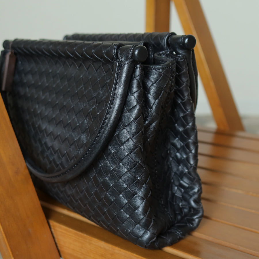 Bottega Veneta Vintage Black Leather Intrecciato Weave Top Handle Bag