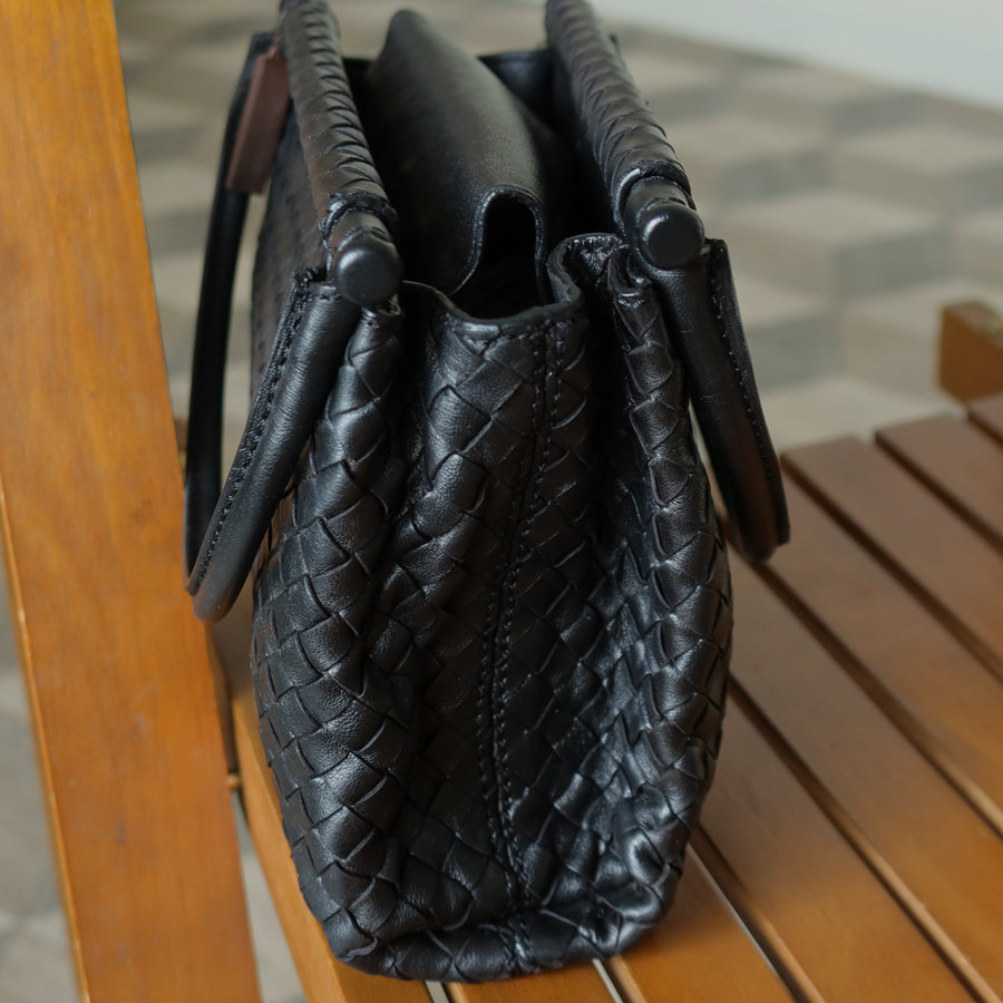 Bottega Veneta Vintage Black Leather Intrecciato Weave Top Handle Bag