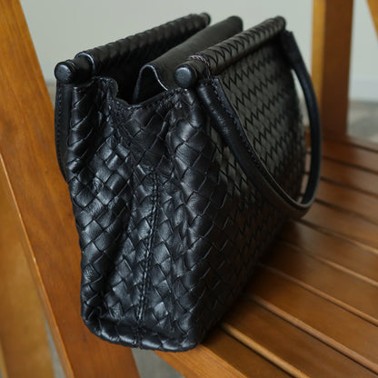 Bottega Veneta Vintage Black Leather Intrecciato Weave Top Handle Bag