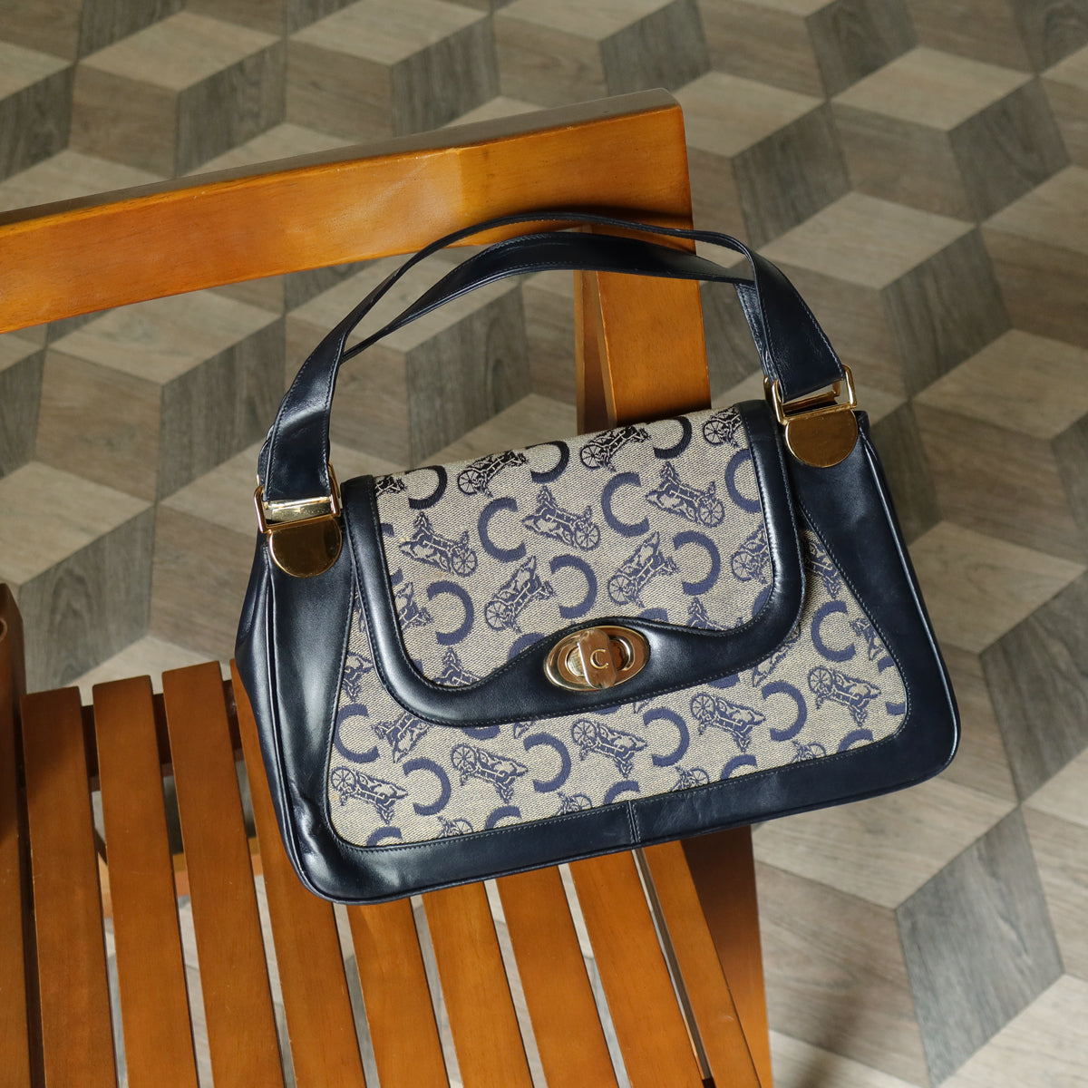 Celine Vintage Dark Navy Triomphe Horse Carriage C Sulky Top Handle Hand Bag