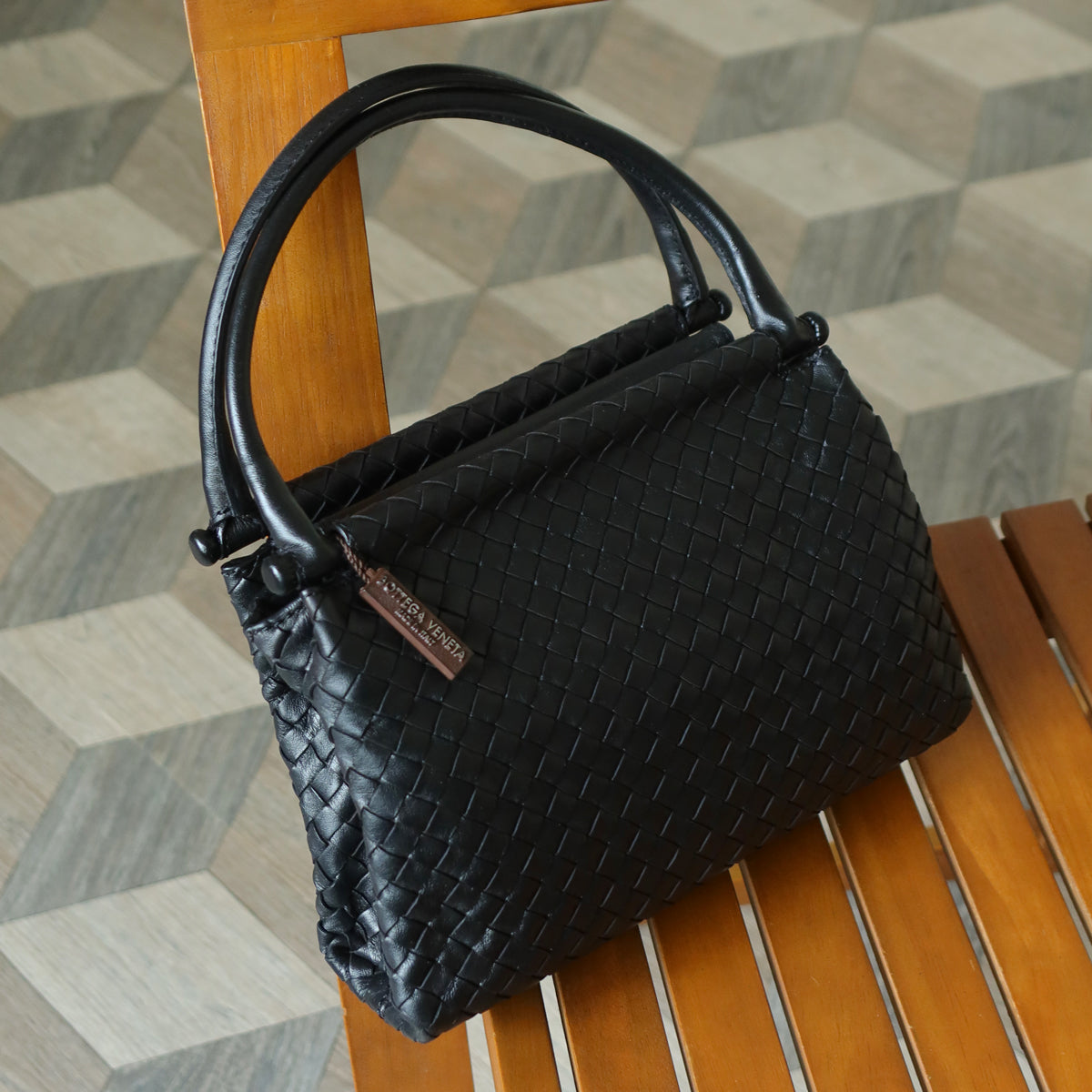 Bottega Veneta Vintage Black Leather Intrecciato Weave Top Handle Bag