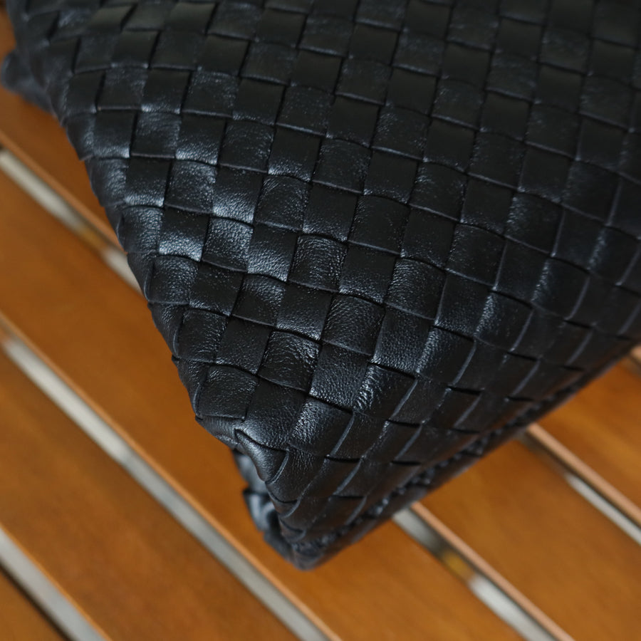Bottega Veneta Vintage Black Leather Intrecciato Weave Top Handle Bag