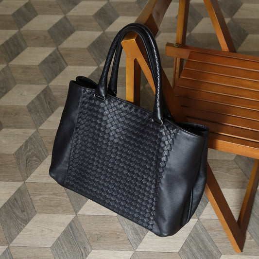 Bottega Veneta Vintage Black Intrecciato Rolled Handle Large Shoulder Tote Bag