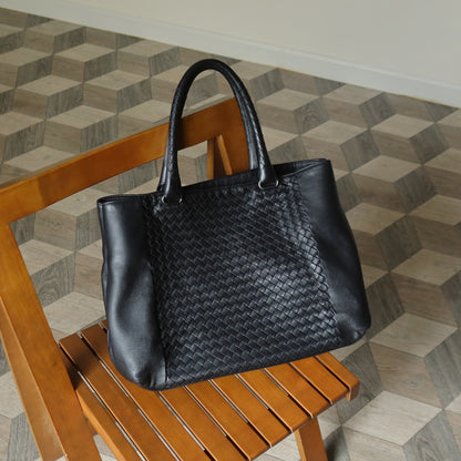 Bottega Veneta Vintage Black Intrecciato Rolled Handle Large Shoulder Tote Bag