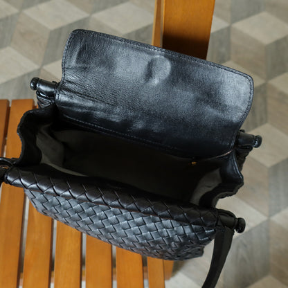 Bottega Veneta Vintage Black Leather Intrecciato Weave Top Handle Bag