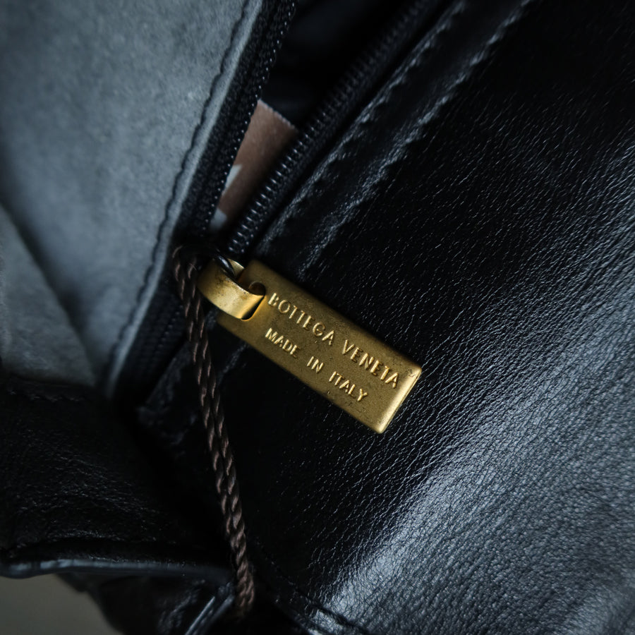 Bottega Veneta Vintage Black Leather Intrecciato Weave Top Handle Bag