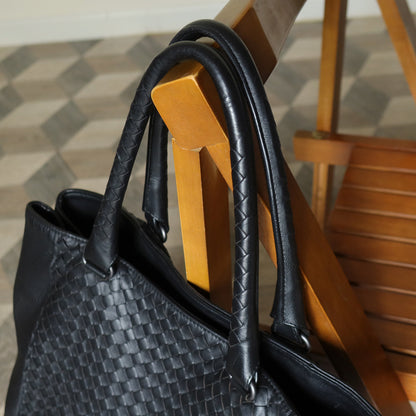 Bottega Veneta Vintage Black Intrecciato Rolled Handle Large Shoulder Tote Bag