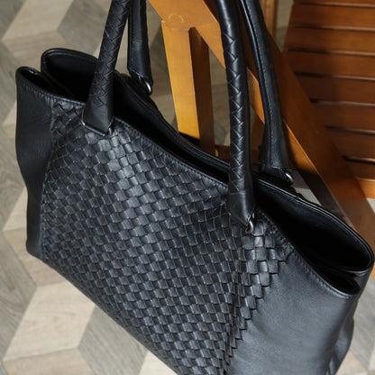 Bottega Veneta Vintage Black Intrecciato Rolled Handle Large Shoulder Tote Bag