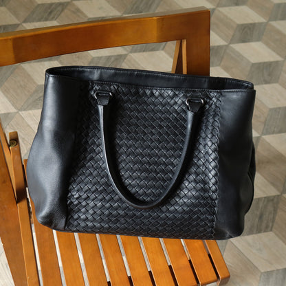 Bottega Veneta Vintage Black Intrecciato Rolled Handle Large Shoulder Tote Bag