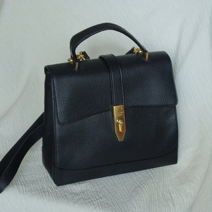 Celine Vintage Black Gold Turn lock Top Handle 2way Shoulder Flap Bag
