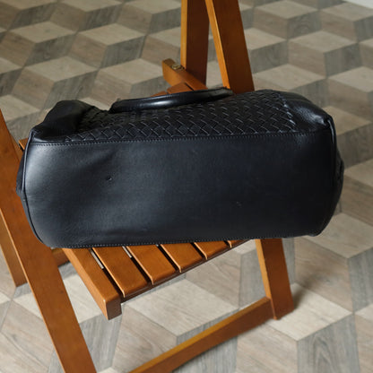 Bottega Veneta Vintage Black Intrecciato Rolled Handle Large Shoulder Tote Bag